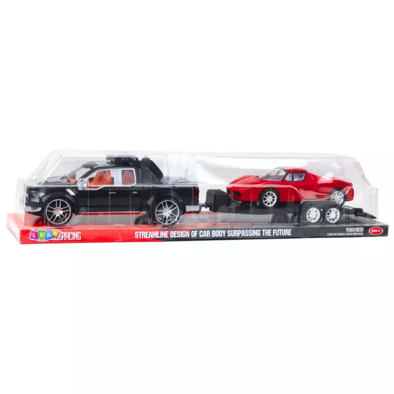 LEAN TOYS Conjunto de carro todo-o-terreno, reboque preto, carro desportivo vermelho, 59 cm