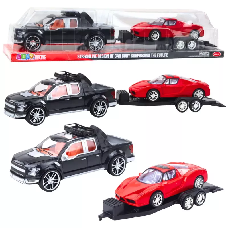 LEAN TOYS Conjunto de carro todo-o-terreno, reboque preto, carro desportivo vermelho, 59 cm