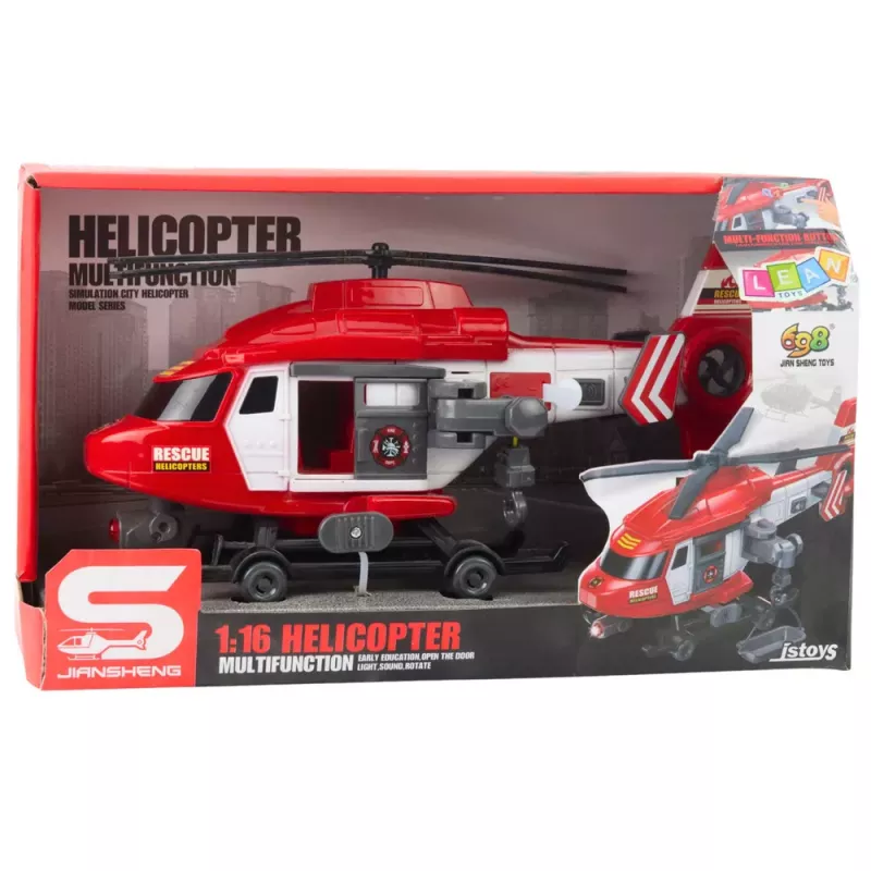 LEAN TOYS Helicóptero de salvamento com gancho, maca, luz e som, vermelho, escala 1:16