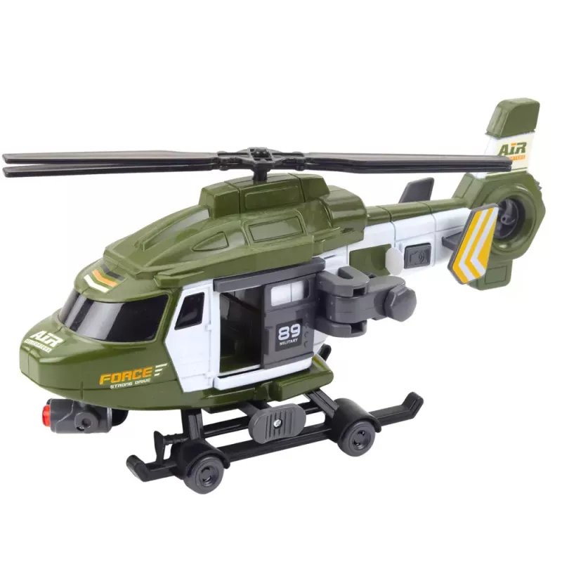 LEAN TOYS Helicóptero militar com gancho e maca, luz e som, caqui, escala 1:16