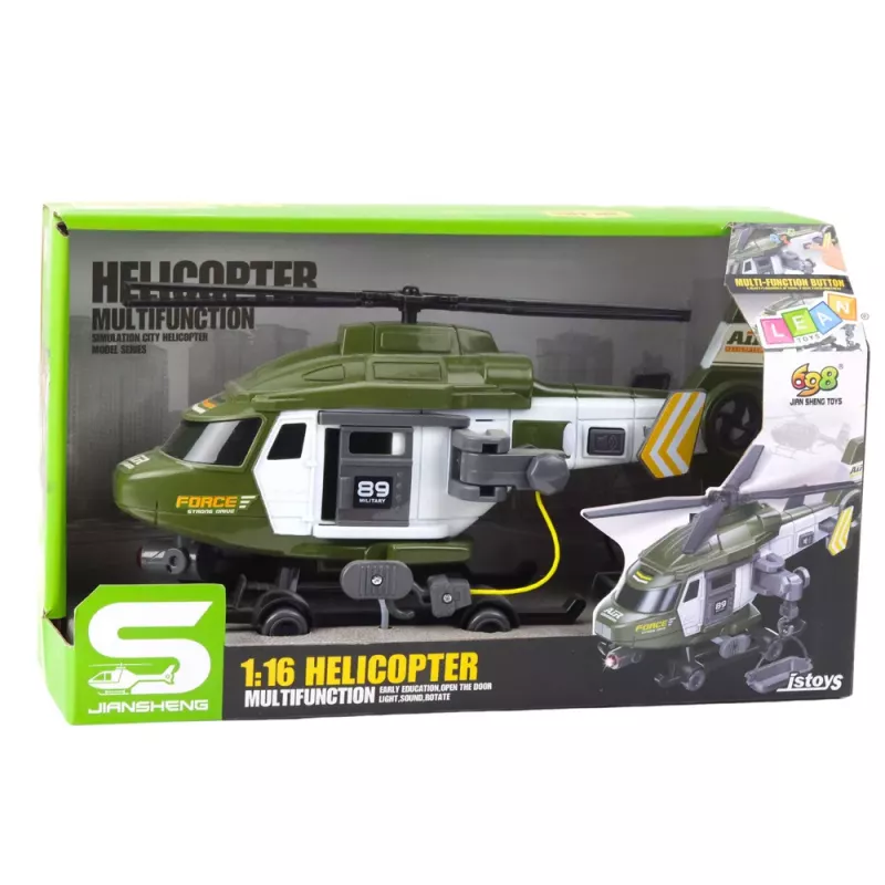 LEAN TOYS Helicóptero militar com gancho e maca, luz e som, caqui, escala 1:16