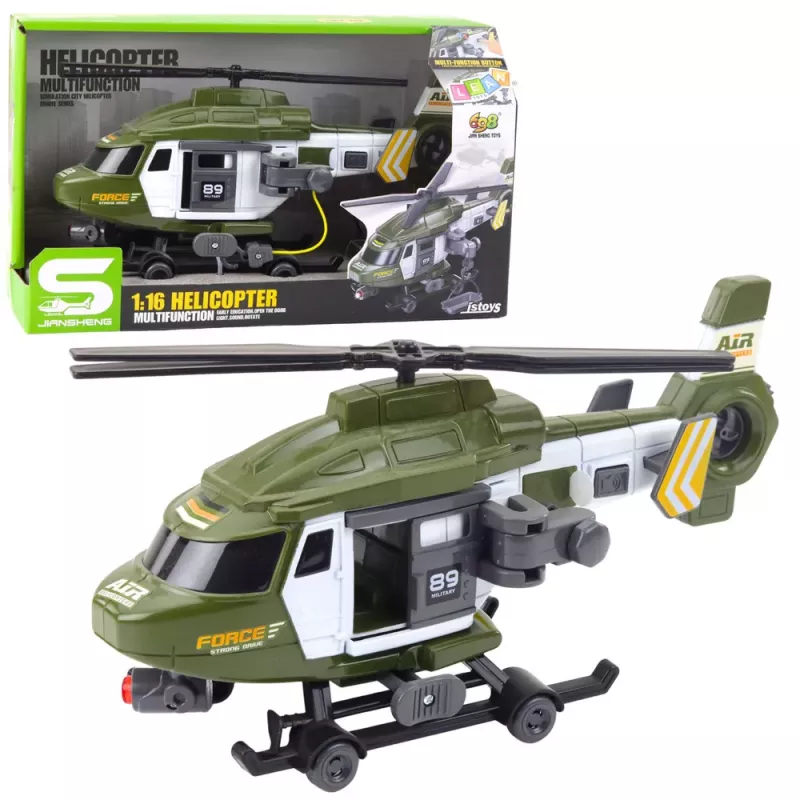 LEAN TOYS Helicóptero militar com gancho e maca, luz e som, caqui, escala 1:16