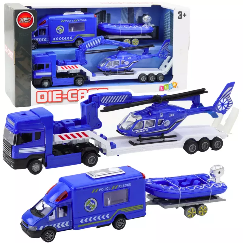 LEAN TOYS Conjunto carro de polícia de resgate barco camião helicóptero azul