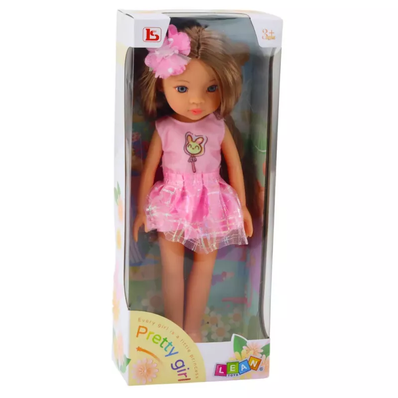 LEAN TOYS Boneca em Vestido Rosa com Cabelo Castanho Comprido e Gancho de Cabelo com Flores