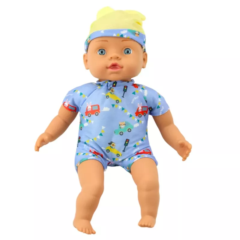 LEAN TOYS Boneca Bebé com Roupa Azul Estampada e Chapéu com Orelhas, 31 cm