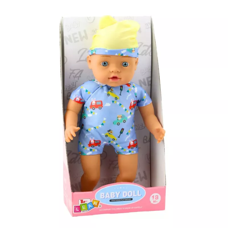 LEAN TOYS Boneca Bebé com Roupa Azul Estampada e Chapéu com Orelhas, 31 cm