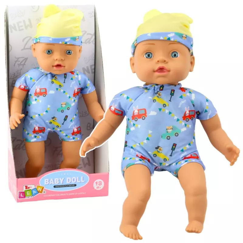 LEAN TOYS Boneca Bebé com Roupa Azul Estampada e Chapéu com Orelhas, 31 cm