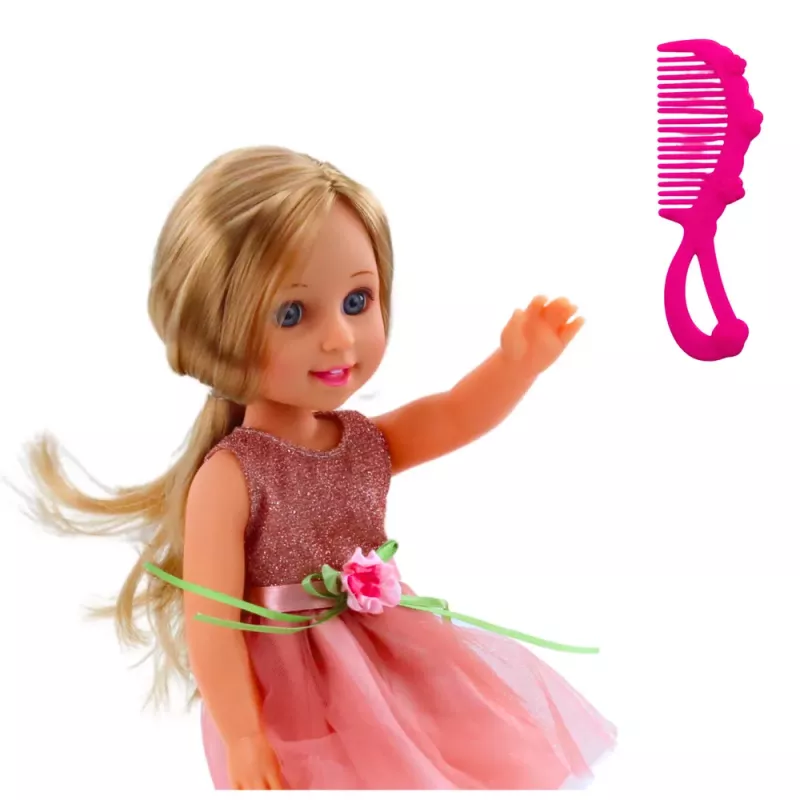 LEAN TOYS Boneca em Vestido com Laço, Cabelo Comprido, Rosa, Pente, 38 cm