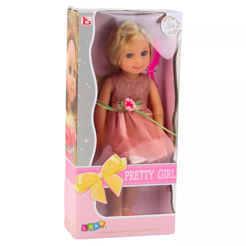 LEAN TOYS Boneca em Vestido com Laço, Cabelo Comprido, Rosa, Pente, 38 cm