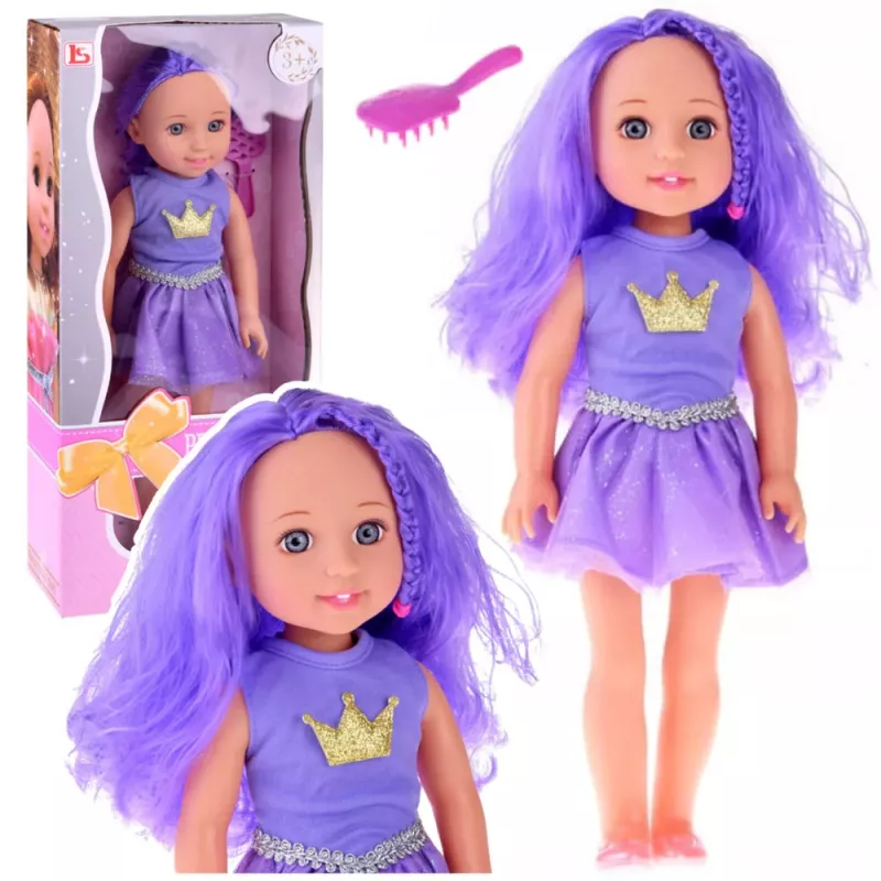 LEAN TOYS Boneca em Vestido com Coroa, Cabelo Roxo Comprido, Escova, 38 cm