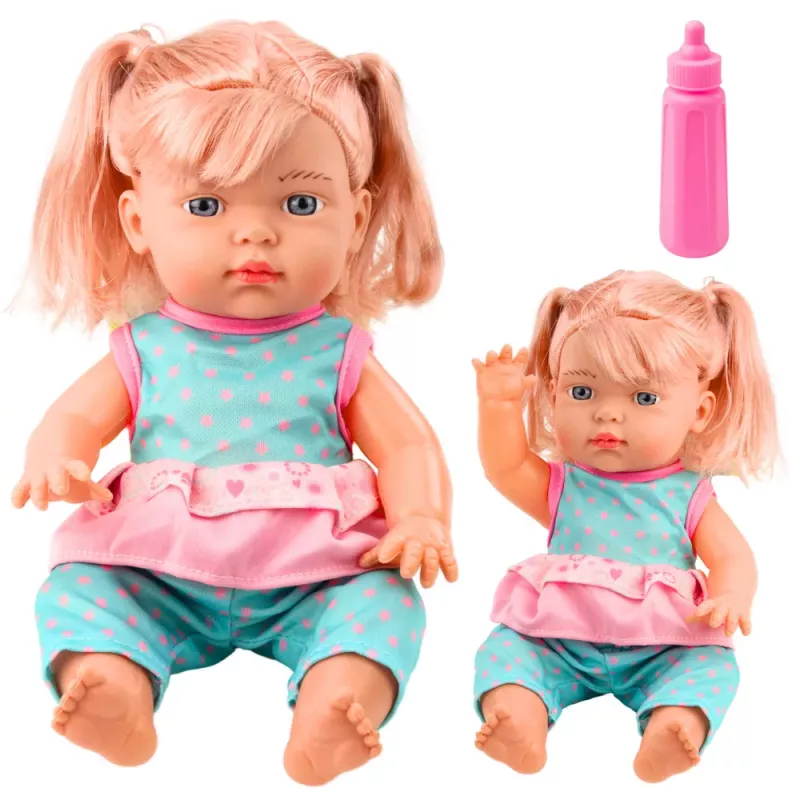 LEAN TOYS Boneca Bebé em Turquesa, Conjunto com Franjas, Biberão e Som