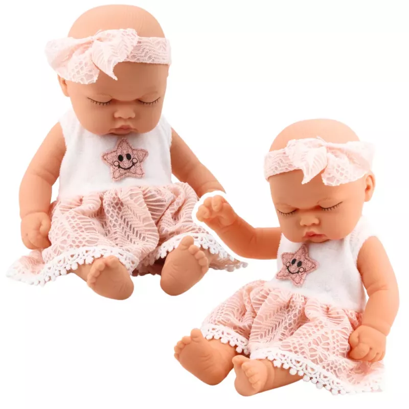 LEAN TOYS Boneca Bebé a Dormir com Vestido de Renda Rosa e Faixa de Cabelo com Estrela