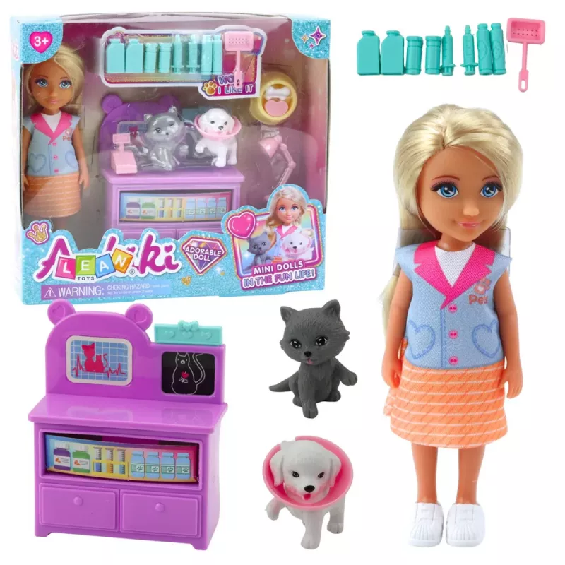 LEAN TOYS Mini Boneca com Conjunto de Acessórios de Veterinário para Tratar Cão e Gato