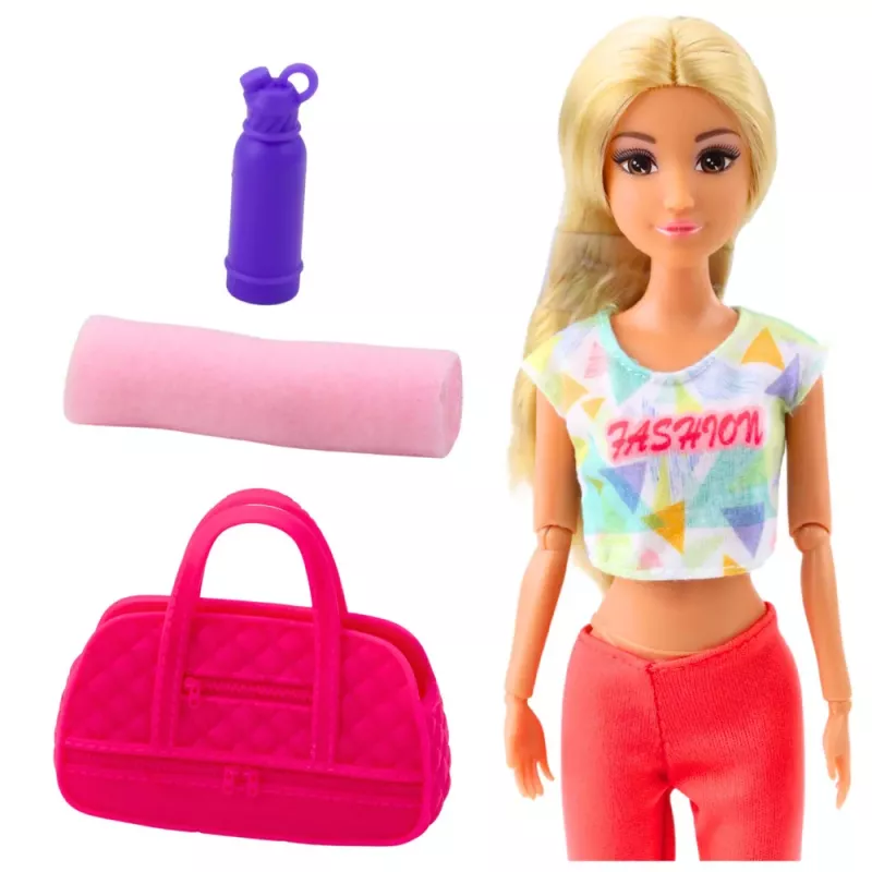 LEAN TOYS Boneca de Yoga Anlily com Tapete de Yoga, Garrafa de Água, Saco de Desporto, Membros Articulados, 29 cm, Cabelo Louro, Olhos Azuis, Conjunto Desportivo, para Crianças a partir de 3 Anos