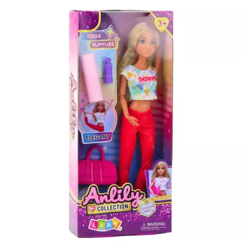 LEAN TOYS Boneca de Yoga Anlily com Tapete de Yoga, Garrafa de Água, Saco de Desporto, Membros Articulados, 29 cm, Cabelo Louro, Olhos Azuis, Conjunto Desportivo, para Crianças a partir de 3 Anos