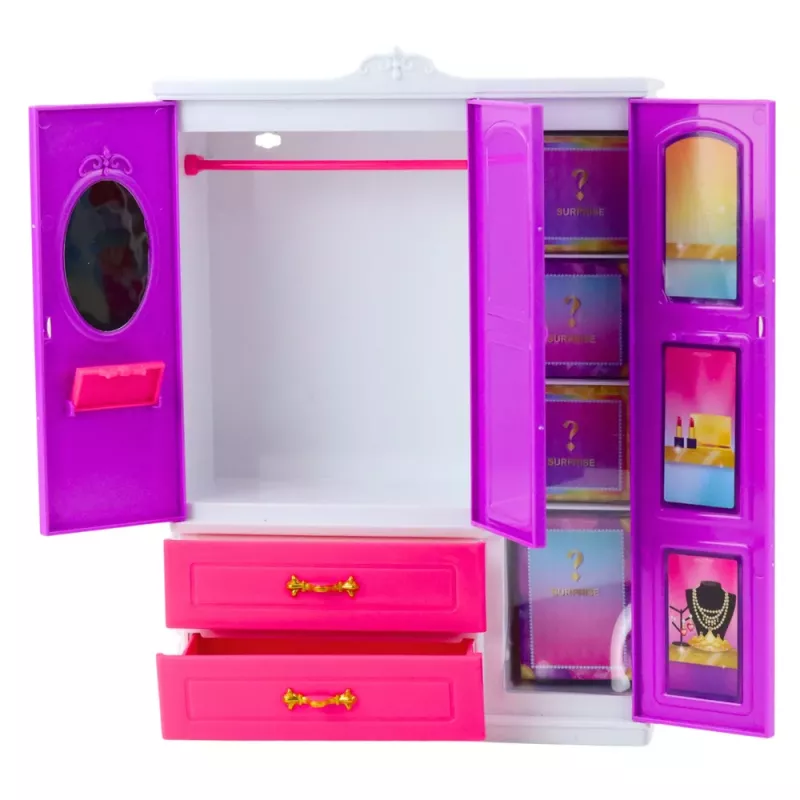 LEAN TOYS Guarda-roupa de Bonecas Anlily com Prateleiras, Gavetas e Acessórios de Camarim, 24 Peças