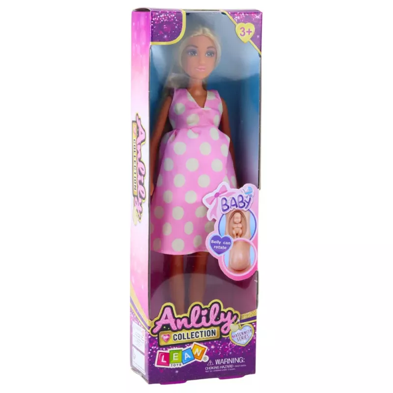 LEAN TOYS Boneca Grávida Anlily com Vestido de Bolinhas Rosa Claro e Cabelo Comprido