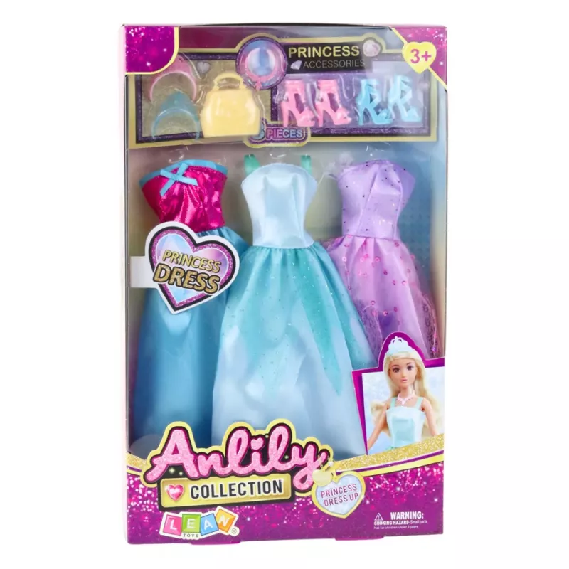 LEAN TOYS Conjunto de Vestido de Boneca Anlily com Sapatos, Mala, Coroas e Acessórios, 9 Peças