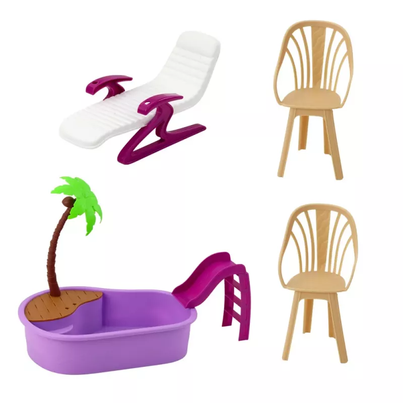 LEAN TOYS Conjunto de Bonecas Anlily na Praia com Piscina, Palmeira, Barraca de Bebidas e Acessórios
