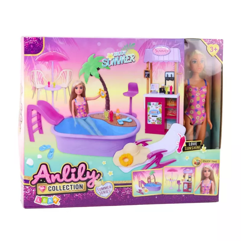LEAN TOYS Conjunto de Bonecas Anlily na Praia com Piscina, Palmeira, Barraca de Bebidas e Acessórios