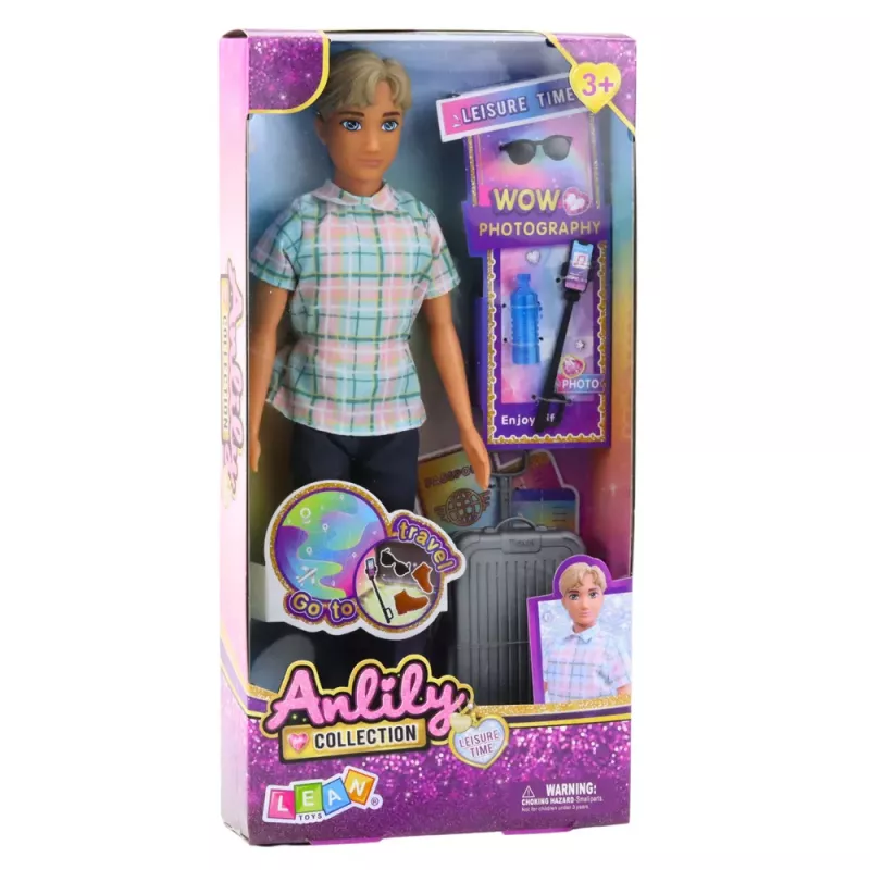 LEAN TOYS Boneca Anlily Rapaz com Acessórios, Mala, Pau de Selfie, Óculos e Garrafa