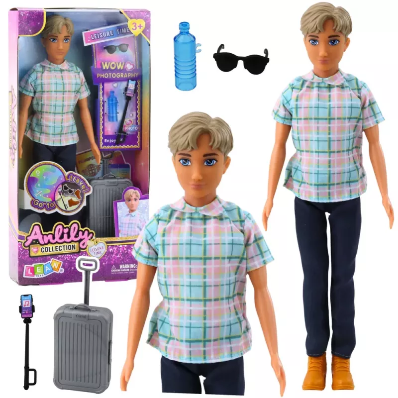 LEAN TOYS Boneca Anlily Rapaz com Acessórios, Mala, Pau de Selfie, Óculos e Garrafa