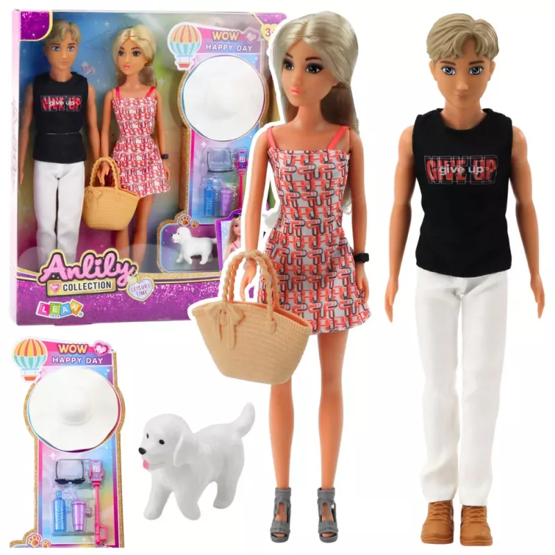 LEAN TOYS Conjunto de Bonecas Anlily: Menina com Menino, Chapéu e Acessórios de Cão