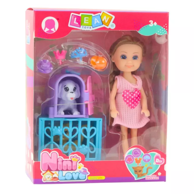 LEAN TOYS Mini Boneca com Acessórios, Carrinho de Bebé Kitty Rosa, Conjunto de Bonecas