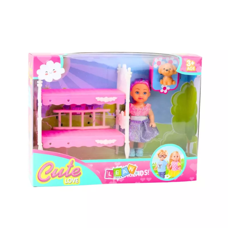 LEAN TOYS Mini Boneca em Vestido com Cama de Dois Pisos e Conjunto de Cão