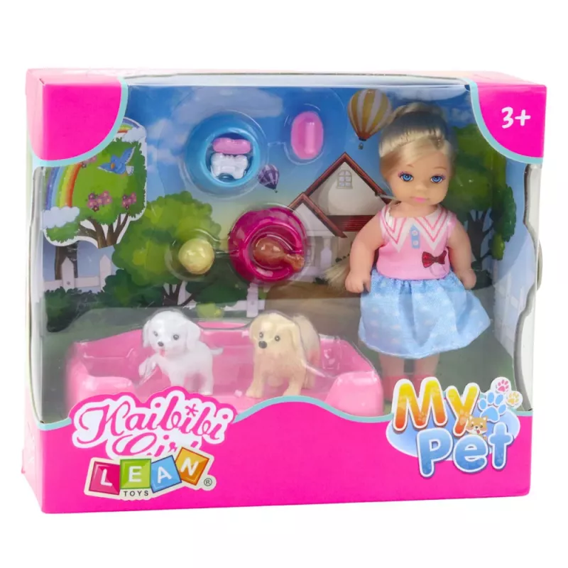 LEAN TOYS Conjunto de Mini Bonecas com Dois Cães, Cama e Tigela de Comida