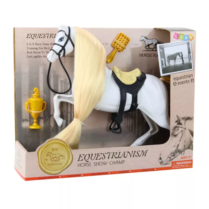 LEAN TOYS Cavalo com Crina Comprida, Sela, Copo, Escova e Acessórios, Branco