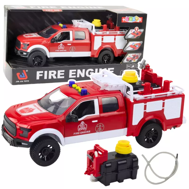 LEAN TOYS Carro de bombeiros com água, luzes e sons, branco vermelho 1:12