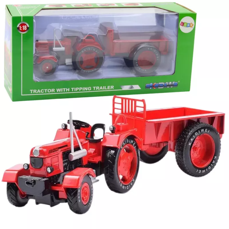 LEAN TOYS Trator de metal com atrelado vermelho 1:18
