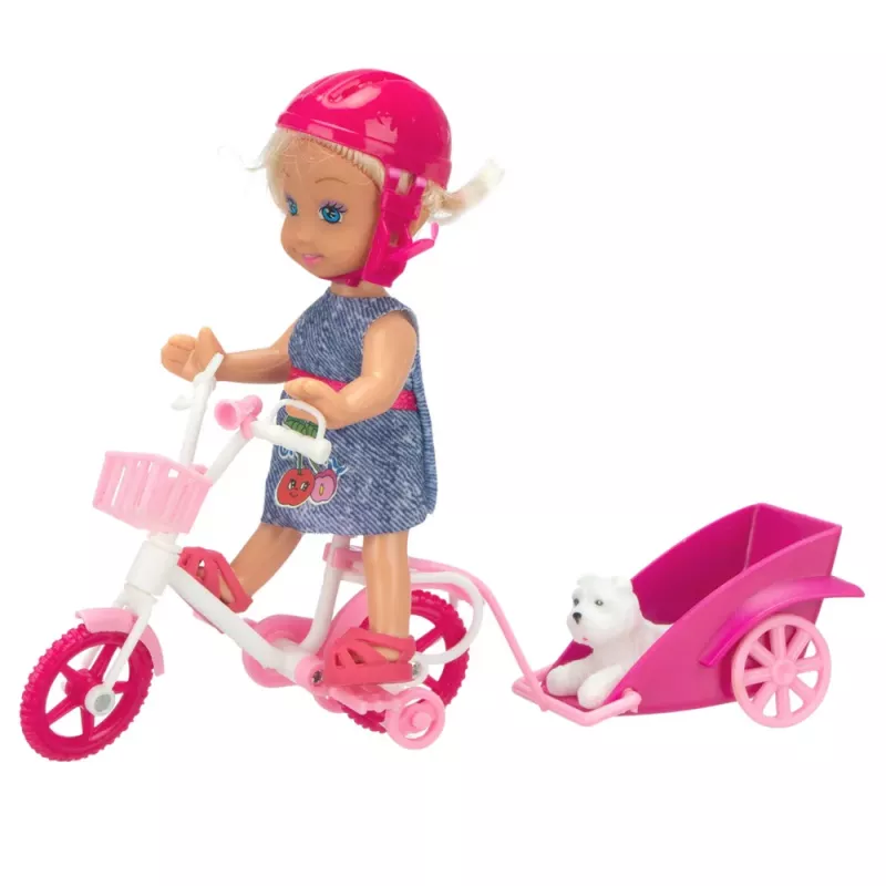 LEAN TOYS Conjunto de Mini Boneca com Atrelado de Bicicleta, Capacete e Cão Branco