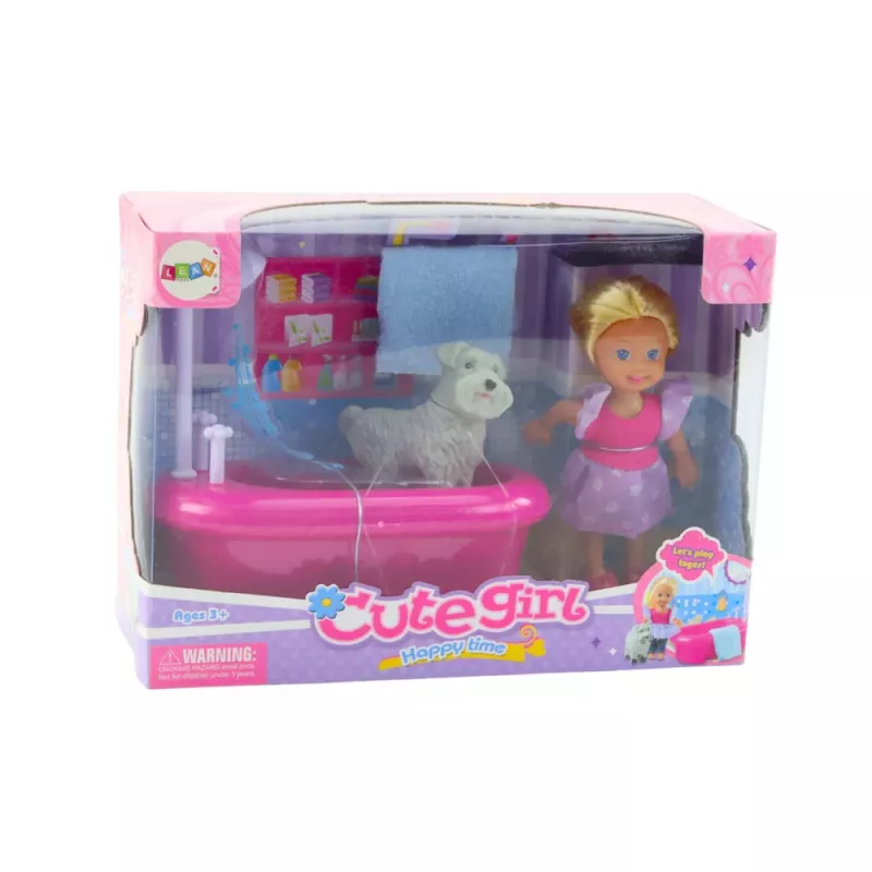 LEAN TOYS Conjunto de Mini Boneca com Banheira e Cão Branco Rosa