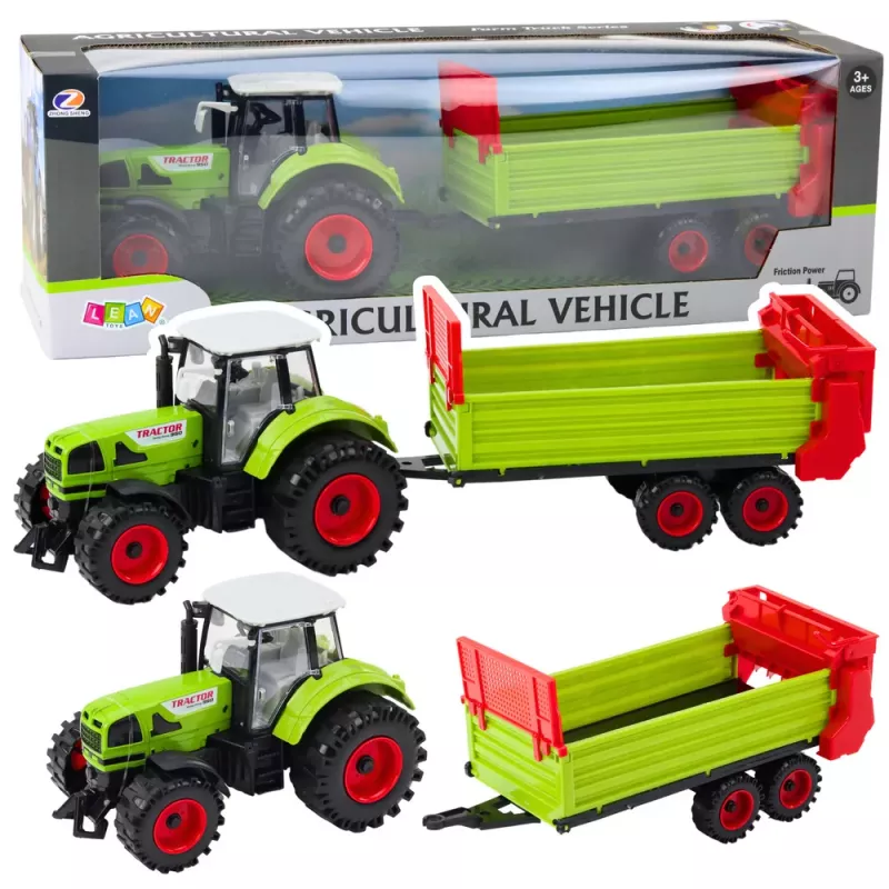 LEAN TOYS Trator com atrelado, tração por fricção, capô, portas, verde