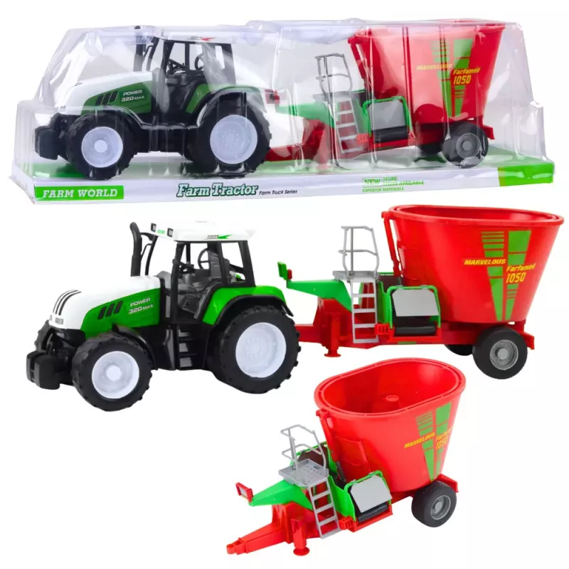 LEAN TOYS Trator Agrícola verde com Atrelado e Misturador de Ração 50cm