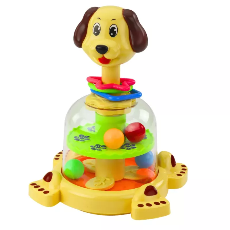 LEAN TOYS Pião Interativo para Bebés - Motivo Cão com Bolas Coloridas, Música e Luzes Intermitentes