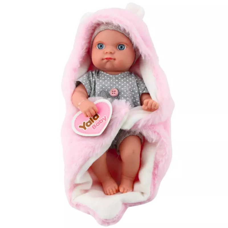 LEAN TOYS Boneca Bebé com Pijama cinzento com Manta de Coelho rosa, 23 cm