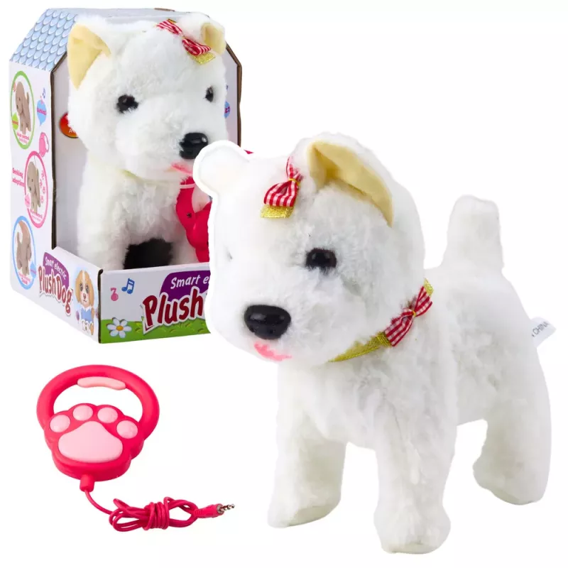 LEAN TOYS Cão Interativo com Laços na Trela, Anda e Ladra, branco
