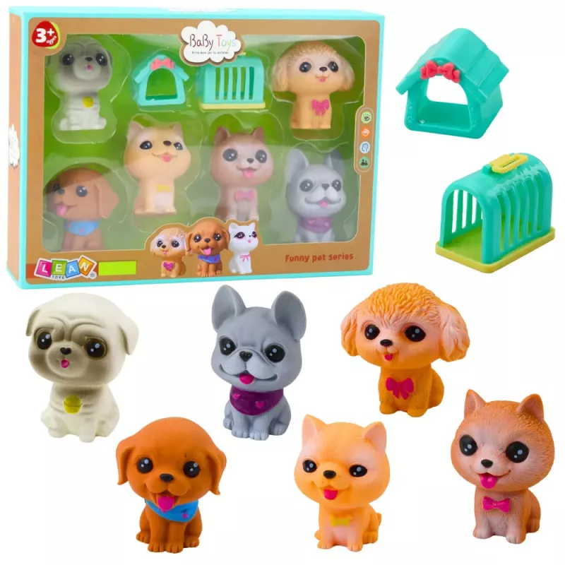 LEAN TOYS Conjunto com 6 Figuras de Cães de Borracha com Apito e Transportadora