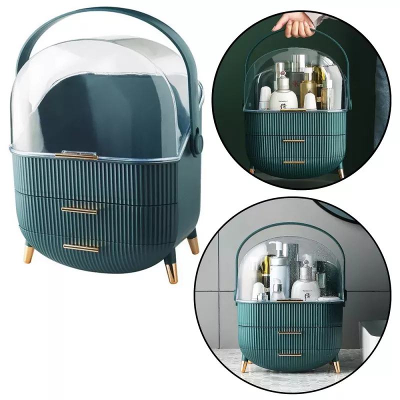 LEAN Organizador de Cosmética com Tampa Dobrável, Transparente, Duas Gavetas, Verde