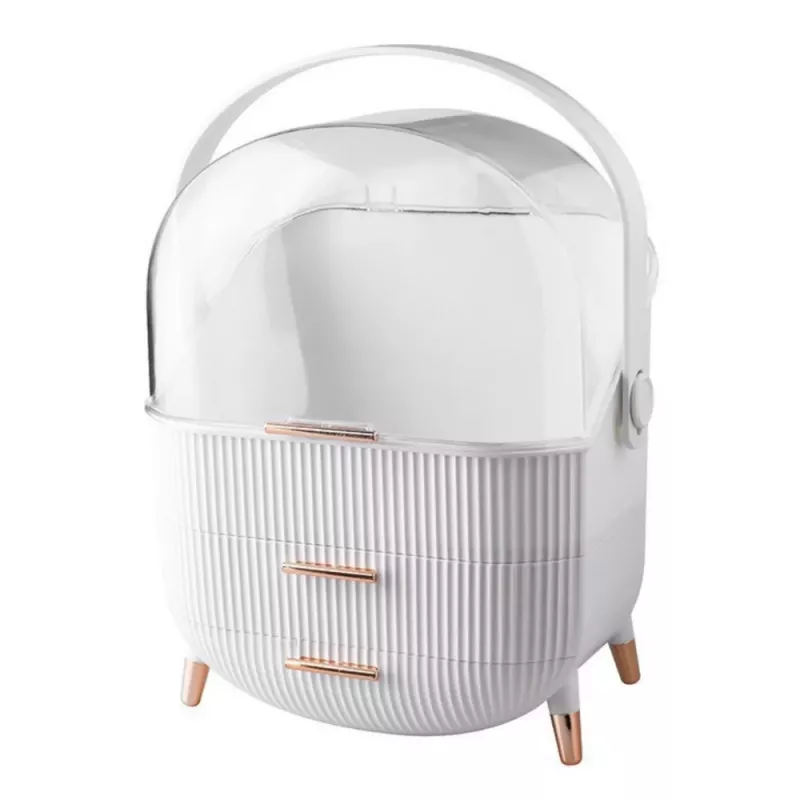 LEAN Organizador de Cosmética com Tampa Dobrável, Transparente, Duas Gavetas, Branco