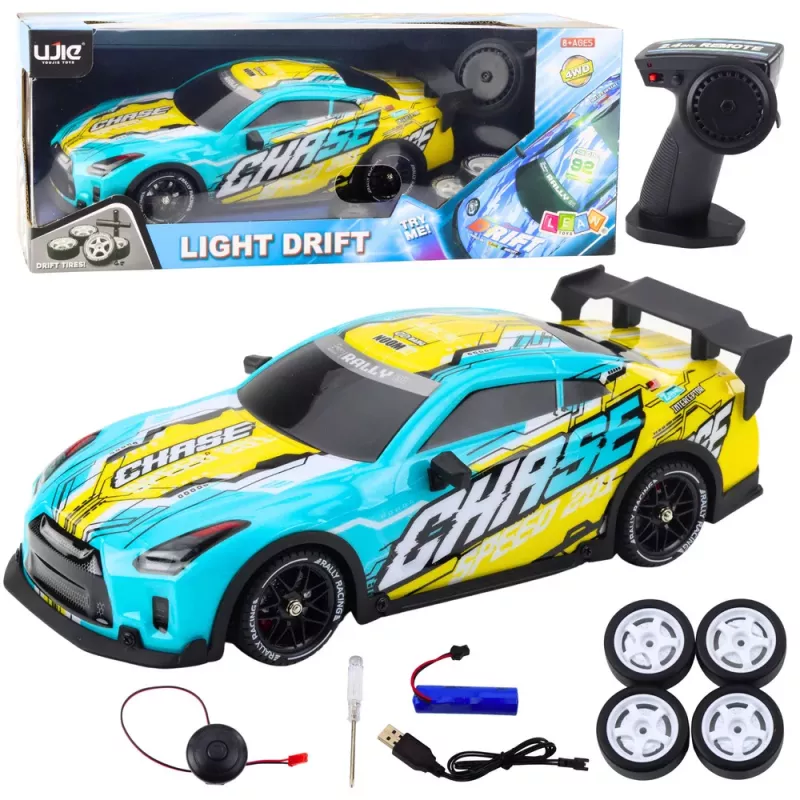 LEAN TOYS Carro desportivo RC telecomandado com carroçaria de drift iluminada Turquesa
