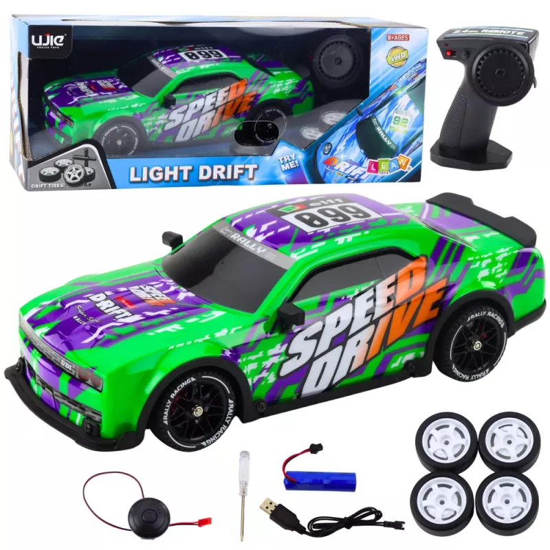 LEAN TOYS Carro desportivo RC telecomandado com carroçaria de drift iluminada Verde