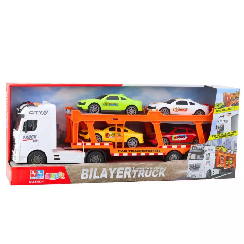 LEAN TOYS Conjunto de camião reboque Lora com 4 carros, portas que abrem, luz e som