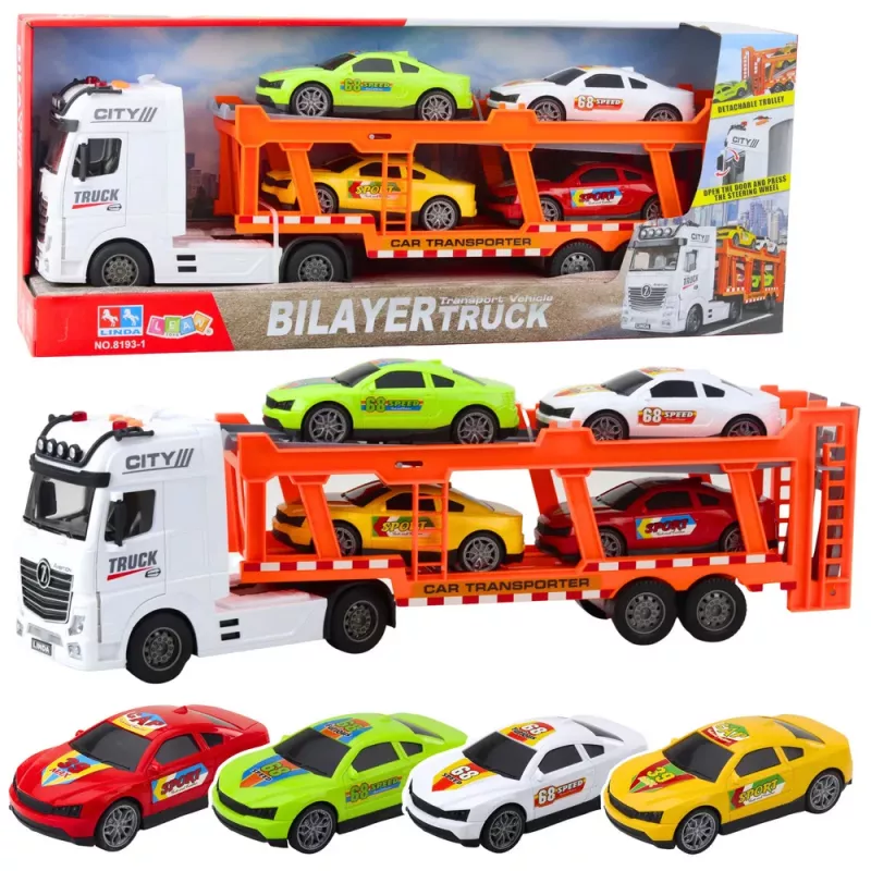 LEAN TOYS Conjunto de camião reboque Lora com 4 carros, portas que abrem, luz e som