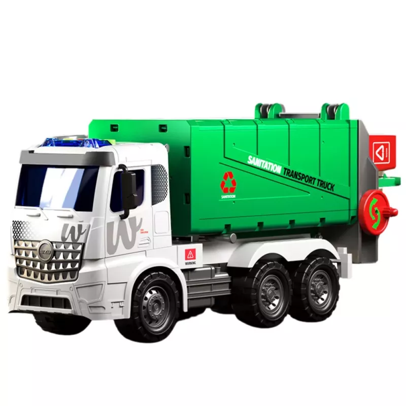LEAN TOYS Camião de lixo grande com função de elevação, 2 contentores, luzes, sons, verde, 1:10