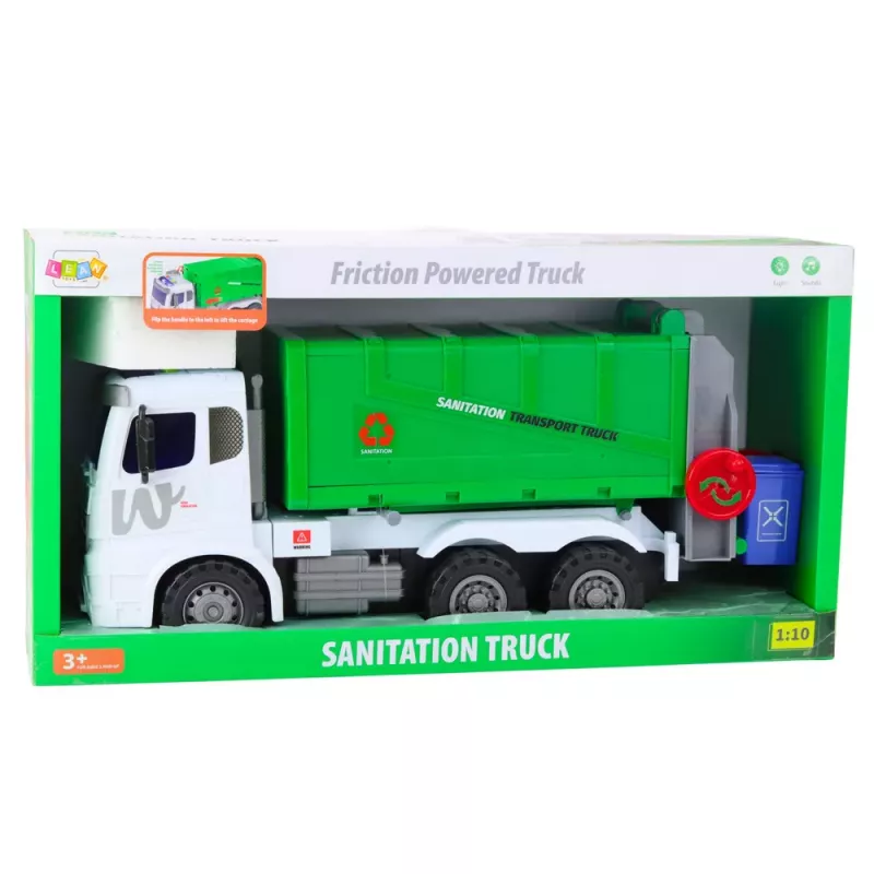 LEAN TOYS Camião de lixo grande com função de elevação, 2 contentores, luzes, sons, verde, 1:10