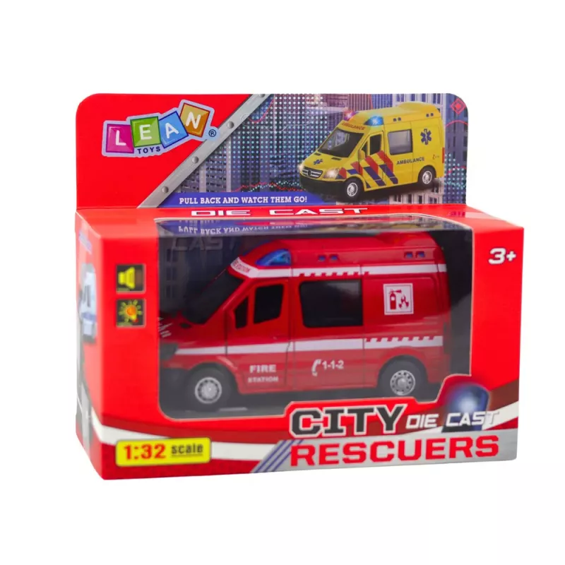 LEAN TOYS Carro de bombeiros de metal com motor pull-back, luzes e sons, vermelho, 1:32